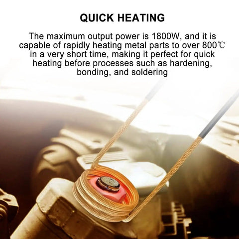Solid 1800W Induction Heater Bolt Removal Tool with 4 Coils and Toolbox heating a metal part rapidly to over 800°C.