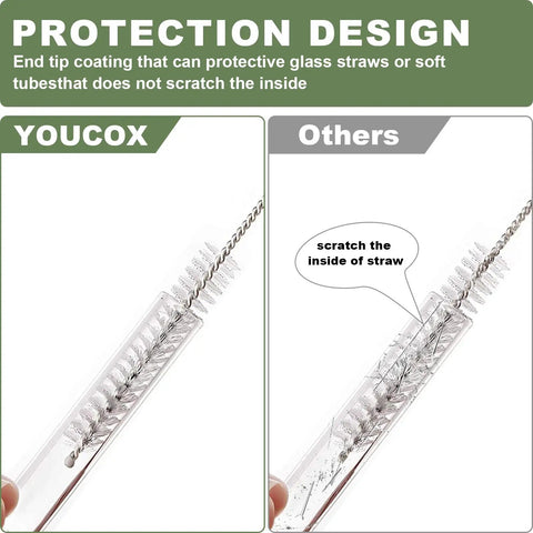 Comparison of straw brush protection design, highlighting the end tip coating feature on 4 Pack Extra Long Straw Cleaning Brushes.