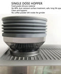 Top Shelf Single Dose Coffee Grinder Bellows Sleeve For Heavy Dust Control In Food Grade Silicone, grey hopper fitting on grinder.