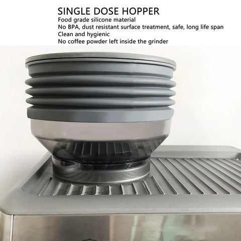 Top Shelf Single Dose Coffee Grinder Bellows Sleeve For Heavy Dust Control In Food Grade Silicone, grey hopper fitting on grinder.