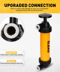 Gas siphon pump for gasoline; yellow cylinder with black plunger handle and metal nozzle fittings (front view)