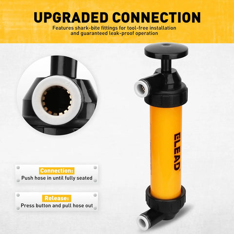 Gas siphon pump for gasoline; yellow cylinder with black plunger handle and metal nozzle fittings (front view)