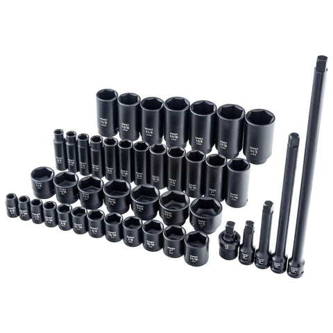 Forty Three Piece One Half Inch Drive Impact Socket Set Built Tough With Chromoly Steel Construction Radius Corner Design Chamfered Openings
