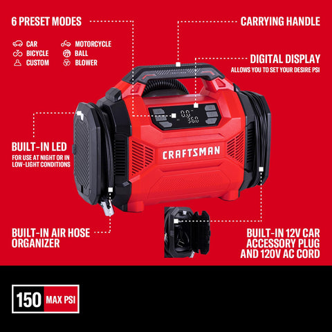 Red Dual Power Tire Inflator Portable Air Compressor With 12V Car Plug And 120V Home Use Up To 150 PSI Digital Gauge