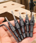 Five Piece Hex Shank Countersink Drill Bit Kit With Quick Release Crank Handle For Dead Simple Woodworking Hole Prep, showing five drill bits.