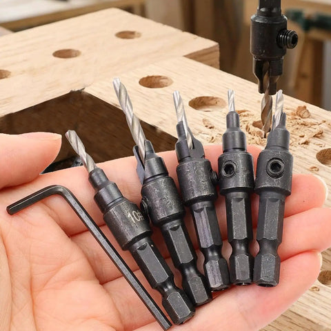 Five Piece Hex Shank Countersink Drill Bit Kit With Quick Release Crank Handle For Dead Simple Woodworking Hole Prep, showing five drill bits.