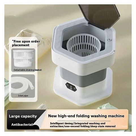 Game Changer No Sweat Portable Folding Washing Machine 8L Compact Mini Washer Dryer with lid open and draining basket.