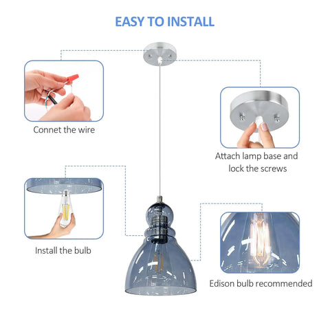 Installation guide for Blue Glass Pendant Lights For Kitchen Island with 6.5 Inch Handblown Glass Shades, 2 Pack Set.