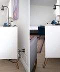 Before and after of Hide Bulky Cords With A Flat Outlet Concealer And 3 Foot Extension Cord Kit used behind a cabinet.