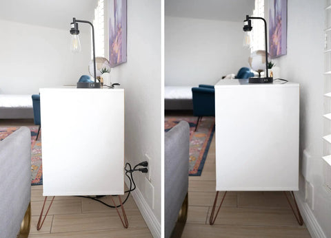 Before and after of Hide Bulky Cords With A Flat Outlet Concealer And 3 Foot Extension Cord Kit used behind a cabinet.