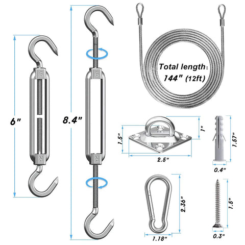84 Piece Sun Shade Sail Hardware Kit With Cable And Wire Rope For Rectangle Square Triangle Shade Sail Installation Stainless 304 Grade Rust Resistant For Garden Outdoor DIY Railing showing various components