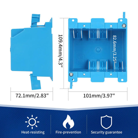 Side and front view of Two Gang PVC Old Work Retrofit Standard Switch And Outlet Wall Box Non Metallic Blue 25 Cu In Capacity