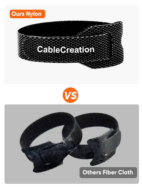 Comparison of reusable 6 inch adjustable cable ties: premium nylon hook loop strap vs fiber cloth strap, showing durability differences.