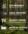 Forest background with eco-friendly, USDA certified, athlete tested, and Made in Canada text promoting biobased fork suspension boost.
