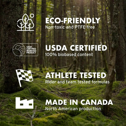 Forest background with eco-friendly, USDA certified, athlete tested, and Made in Canada text promoting biobased fork suspension boost.