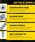 Pocket Hole Screw Kit With 200 Pieces Of Carbon Steel Button Head Screws In Internal Square Drive Size Eight By One And A Half Inches Zinc Coated Includes 150 Millimeter Square Drive Bit And Clear Storage Case detail display highlighting square-drive head, washer head, coarse thread, and self-tapping tip features.