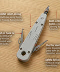 Pro Grade Impact Punch Down Tool And Integrated Wire Stripper RJ45 Crimping Kit For Cat6 Cat5e Ethernet Cables on wooden surface.