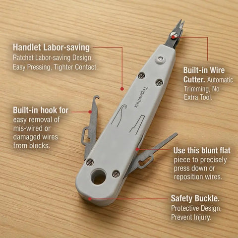 Pro Grade Impact Punch Down Tool And Integrated Wire Stripper RJ45 Crimping Kit For Cat6 Cat5e Ethernet Cables on wooden surface.