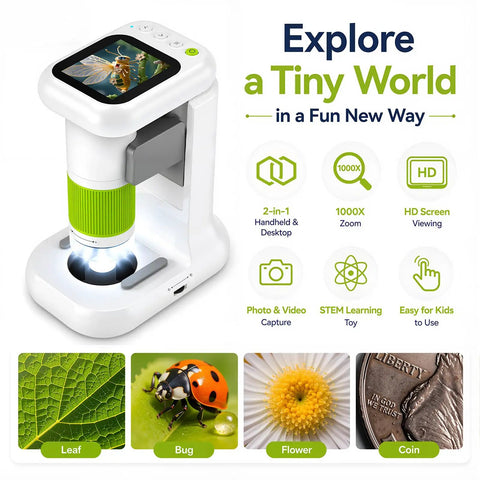 2 in 1 Digital Microscope for Kids, Handheld and Desktop STEM Toy for Exploring Leaves, Bugs, Coins, Fabrics, and More at Home, School, or Outdoors, Awesome for Curious Minds. White and green kids digital microscope with HD screen and 1000x zoom