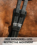 Pinnacle Anatomic Shoulder Dressage Girth For Horses With Ergonomic Design, black leather close-up on horse, Size 24.