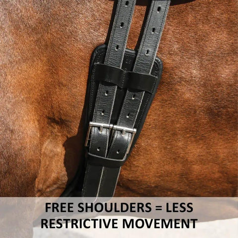 Pinnacle Anatomic Shoulder Dressage Girth For Horses With Ergonomic Design, black leather close-up on horse, Size 24.