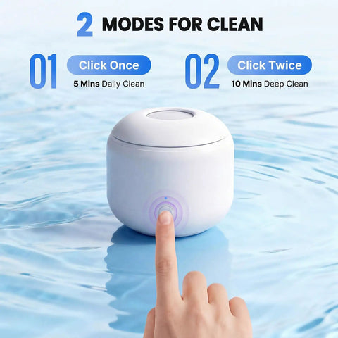 Ultrasonic Retainer Cleaner Machine With 44kHz Wave Action, white, 200ml capacity, one-button start shown with finger pressing.