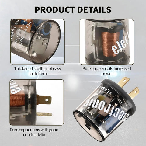 Product details of Two Pack 12V Heavy Duty Flasher Relay For Cars Trucks SuvS Motorcycles And Marine Use 2 Pin Round Electronic Turn Signal Blink Relay To Stop Hyper Flashing And Fix Hazard Lights No Fuss Replacement Accessory, showing close-ups of thickened shell, pure copper coils, and pins with good conductivity.