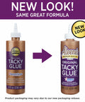 New packaging of All Purpose Tacky Glue 8 Ounce Clear Non Toxic Dries Clear And Flexible Great For Fabric Silk Burlap Paper