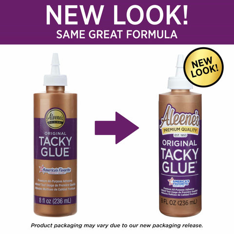 New packaging of All Purpose Tacky Glue 8 Ounce Clear Non Toxic Dries Clear And Flexible Great For Fabric Silk Burlap Paper