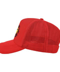 Side view of red Too Cool For 1st Grade Funny Hat Unisex Tennis Trucker Cap with a mesh back and adjustable buckle, breathable design.