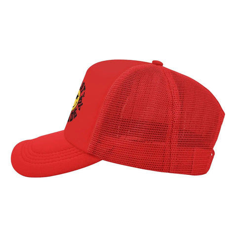 Side view of red Too Cool For 1st Grade Funny Hat Unisex Tennis Trucker Cap with a mesh back and adjustable buckle, breathable design.
