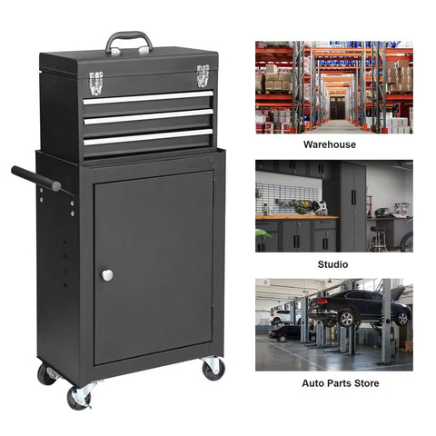 Rolling Garage Tool Cabinet With Detachable Three Drawer Chest Large Storage Cabinet And Adjustable Shelf Black Heavy Duty Steel Mobile Tool Organizer For Home Workshop