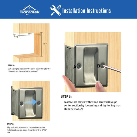 Installation instructions for Privacy Pocket Door Pull Without Switch Plate For One And Three Eighths Inch Thick Doors in antique brass.