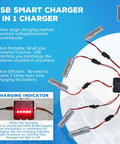 Five Pack 3.7 Volt 2000mAh LiPo Battery With Five In One Charger setup showing USB connection and charging indicator