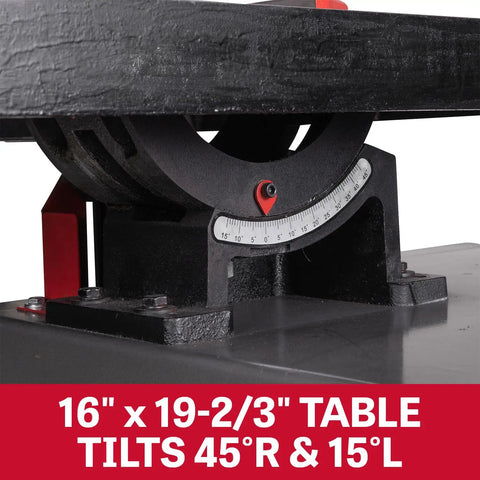 Close-up view of the tilting table feature of the Beefy 12 Inch Variable Speed Band Saw With Continuous Speed Control.