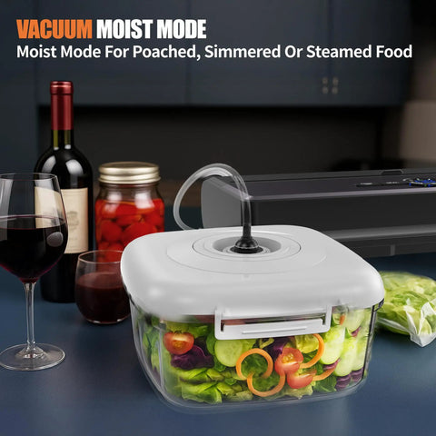 Vacuum Sealer For Food Storage With 85KPa Suction And Dry And Moist Modes, Auto Seal In 10 To 20 Seconds, shown with salad container
