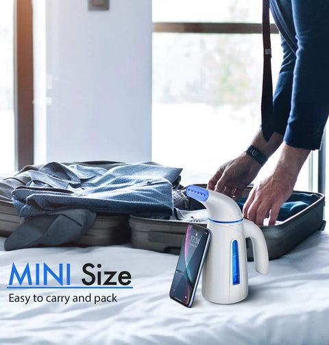 Portable Clothes Steamer For Wrinkle Removal Easy To Use Handheld Travel Steam Iron 700W Power 240ml Big Capacity next to suitcase
