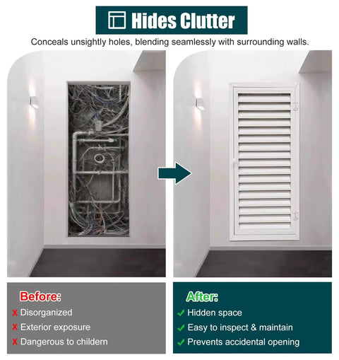Solid Louvered Vent Access Panel Aluminum Recessed Magnetic Hatch For Drywall Attic Walls With Heavy Duty Inspection Door shown before and after installation.