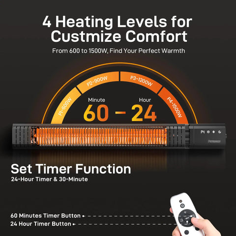Infrared Patio Heater 1500W With Remote, 2.5 Second Instant Heat, Memory Function, 4 Heat Levels, IP65 Waterproof