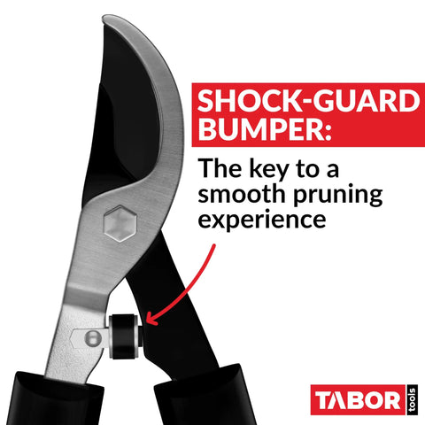 Close-up of bypass lopper blade showing shock guard, emphasizing smooth pruning with Bypass Lopper 28 Inch Tree Trimmer With 1.25 Inch Clean Cut Capacity For Easy Pruning Sharp Cuts Comfort Grip Handles Shock Guard Cut Through Thick Branches Without Struggle.