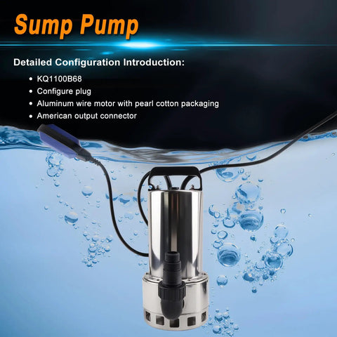 Heavy Duty Submersible Sump Pump With Stainless Steel Build 4000 GPH High Flow shown submerged with hose and wire