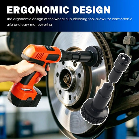 Professional Wheel Hub Cleaning Tool Kit Featuring Steel Wire Brush Cups And Slim Pen Brushes To Scrape Off Caked Brake Dust and Gritty Street Grime From Your Daily Driver in use on brake rotor.