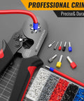 Pro Grade No-Fuss Self-Adjusting Wire Ferrule Crimp Tool Kit with 1800 pcs ferrule terminals, 8 sizes, ratchet pliers, copper nylon