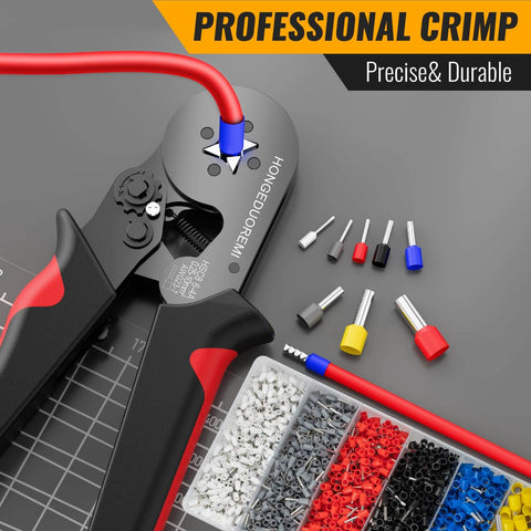 Pro Grade No-Fuss Self-Adjusting Wire Ferrule Crimp Tool Kit with 1800 pcs ferrule terminals, 8 sizes, ratchet pliers, copper nylon