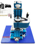 Garage Ready Mini Metal Milling Machine With Benchtop Lathe And Slick Precision Vise For 3000 Rpm on blue base with tools.