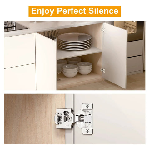 Open cabinet showing 2 Pack 1/2 Inch Overlay Soft Close Cabinet Hinges With Clip On Plate, 50 Percent Faster Install, 3D Adjustment