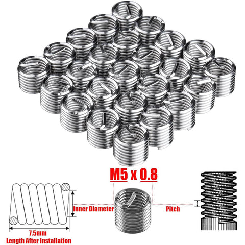30 Piece M5 Thread Repair Kit With Helicoil Inserts And Insertion Tools For Damaged Threads DIY Auto And Home Projects M5 X 0.8mm Stainless Steel Set For Durable Heavy Use close-up of helicoil inserts.