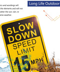 Slow Down Speed Limit 15 MPH Sign 2 Pack Outdoor Aluminum Traffic Sign 12x18 Inch High Visibility Reflective Rust Free Waterproof Easy Mounting for Roads and Driveways with UV protection and durability features