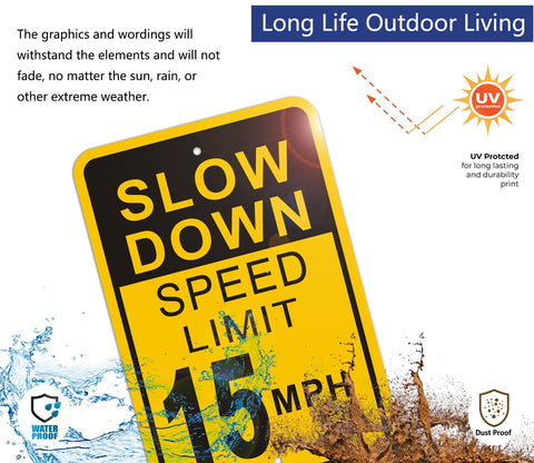 Slow Down Speed Limit 15 MPH Sign 2 Pack Outdoor Aluminum Traffic Sign 12x18 Inch High Visibility Reflective Rust Free Waterproof Easy Mounting for Roads and Driveways with UV protection and durability features
