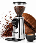 Heavy Duty Flat Burr Coffee Grinder With Large Hopper Digital Timer And Quick Prep Mode Delivers Top Shelf Barista Quality For Espresso Drip Pour Over Or French Press In Sleek Silver with coffee beans and a cup of coffee.